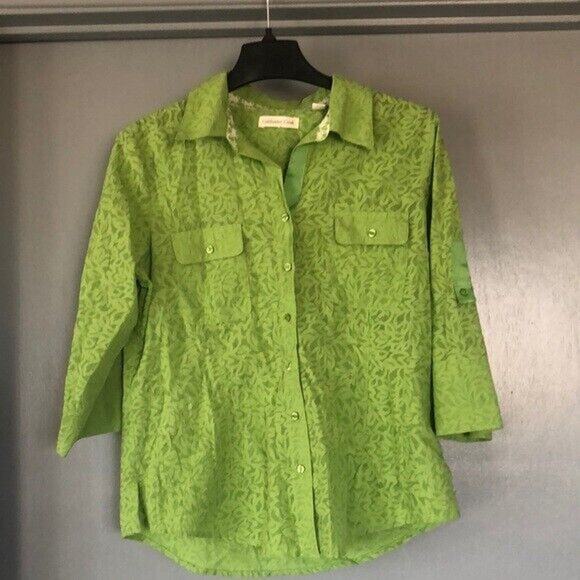 Coldwater Creek Button Up Shirt Womens Medium M Green Floral ¾ Sleeve Roll Tab - Picture 1 of 6